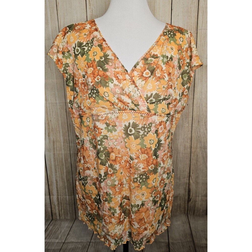 JH Collectables Floral 3/4 Sleeve Polyester Tangerine Orange Blouse Size XL